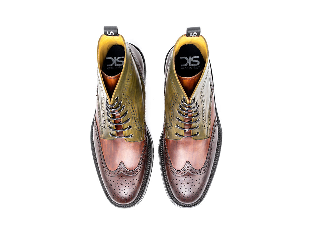 Ankle wing brogue leather boot deco multicolor | LEATHERS