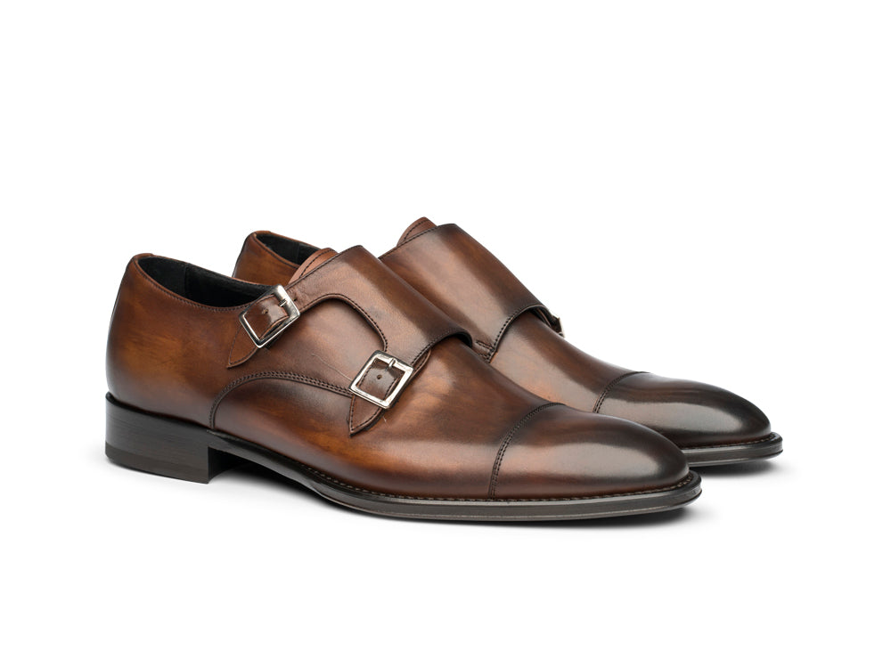 Brown double monk in deco leather