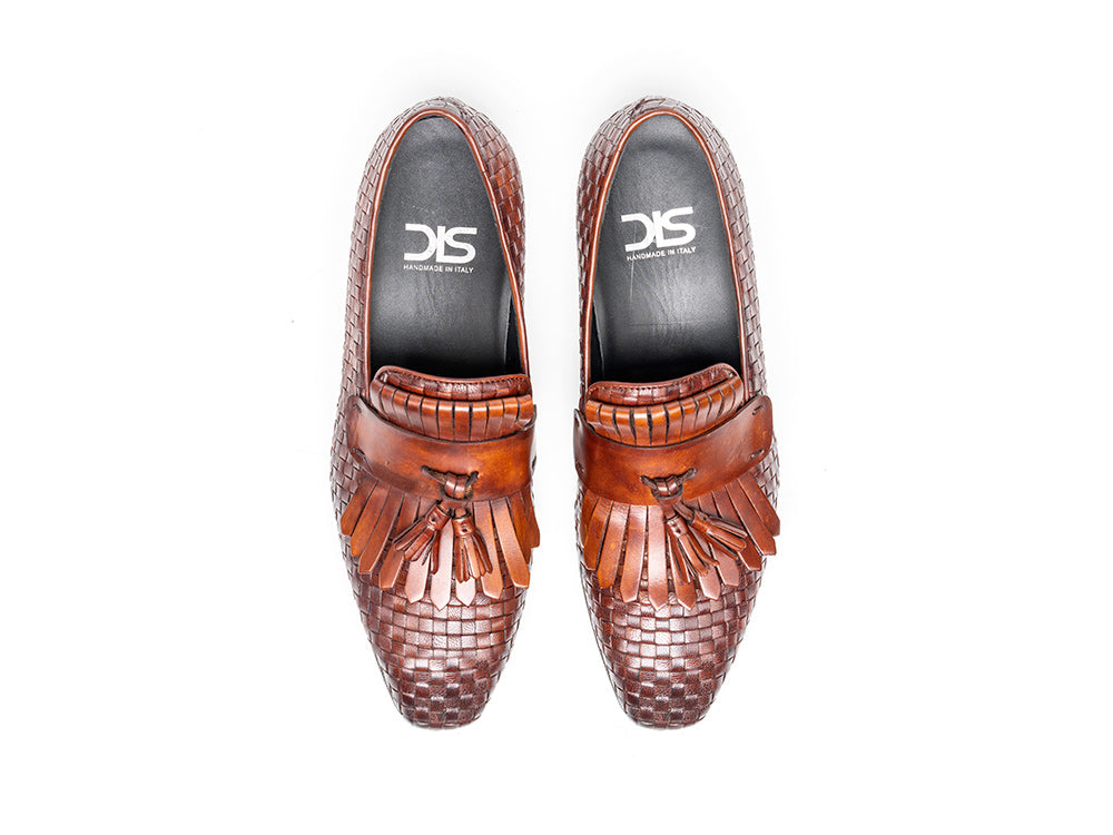 Coffee calf crust braided leather men fringe moccasin